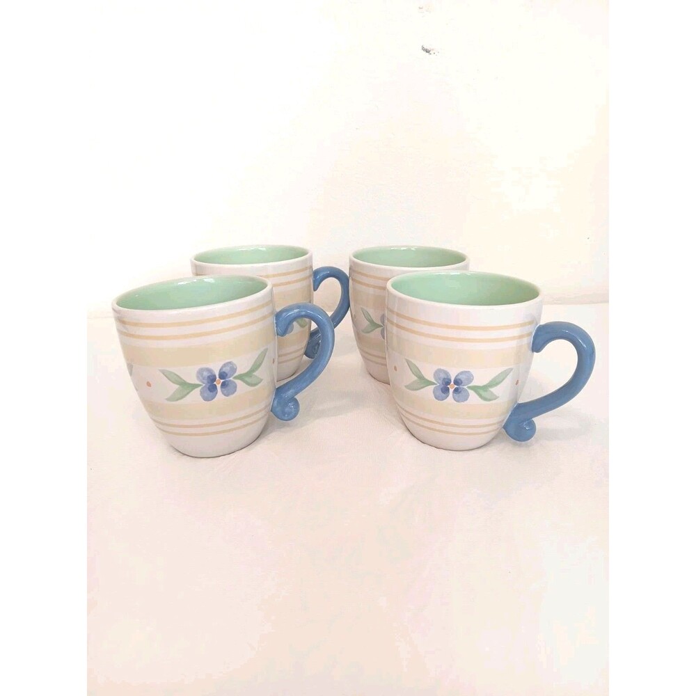 Vtg Pfaltzgraff Floral Coffee Mugs Set of 4 Blue Handle Green Interior Thailand